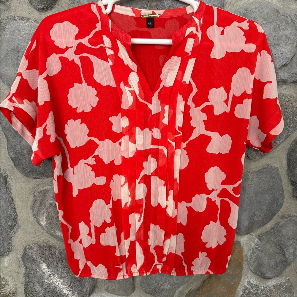 Dana Buchman Red Floral Print Short Sleeve Blouse Women’s Size Medium